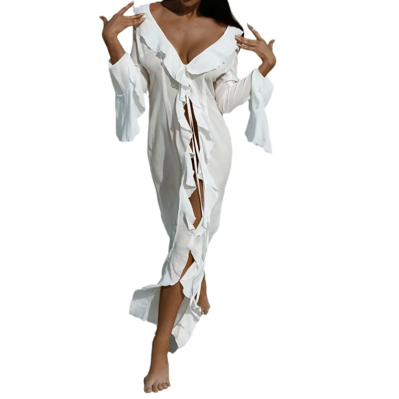 Beach Cover Up Cover-ups Dress Chiffon Long Sleeve Sunscreen Beachwear Womens Clothing Sexy V Neck Ruffled Black White New Tunic