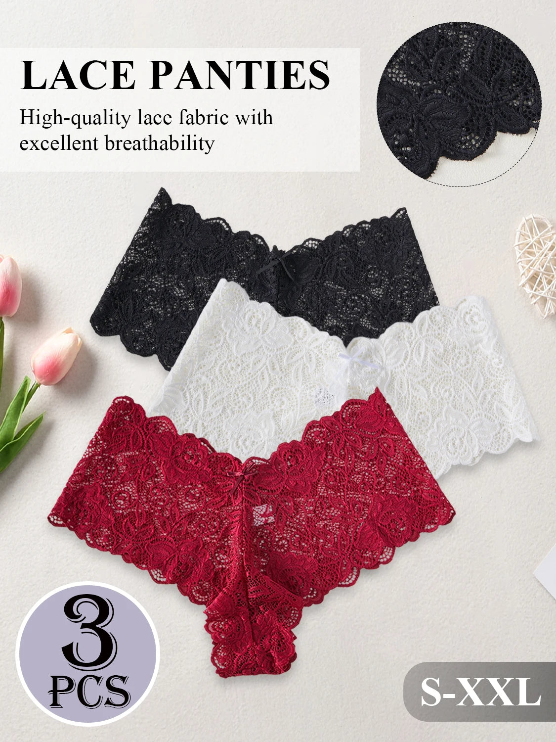 3PCS Elegant Women's Underwear V-shaped Waist Lace Floral Embroidery Panties Semi-Sheer Sexy Briefs Solid Color Lingerie