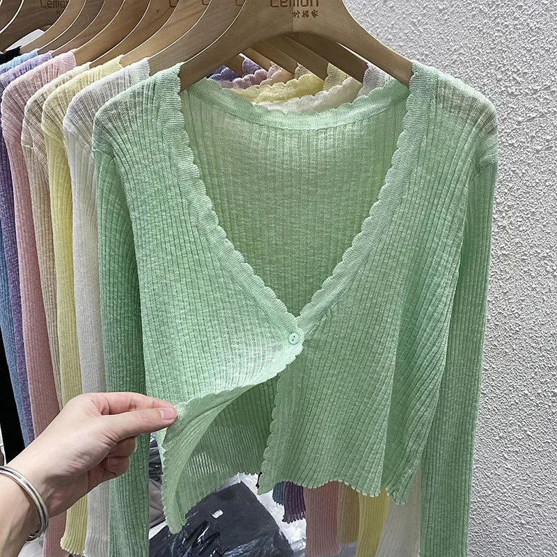Summer Short Ice Silk Knitted Sun Protection Cardigan Women's Thin Suspender Skirt Layered Gauze Jacket Air-conditioned Cover Up