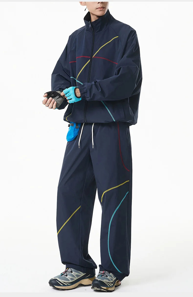 Unisex 2‑Pieces Tracksuit Set Color Contrast Stitching Stand Collar Zip‑Up Jacket Wide Leg Pants Windproof Outdoor Hiking Set