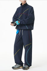 Unisex 2‑Pieces Tracksuit Set Color Contrast Stitching Stand Collar Zip‑Up Jacket Wide Leg Pants Windproof Outdoor Hiking Set