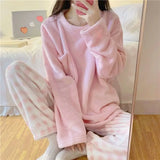 CHUANGERM Winter Fleece Thick Warm Soft Solid Casual Women's Pajamas Set Plaid Top And Pants Home Suit Pyjamas