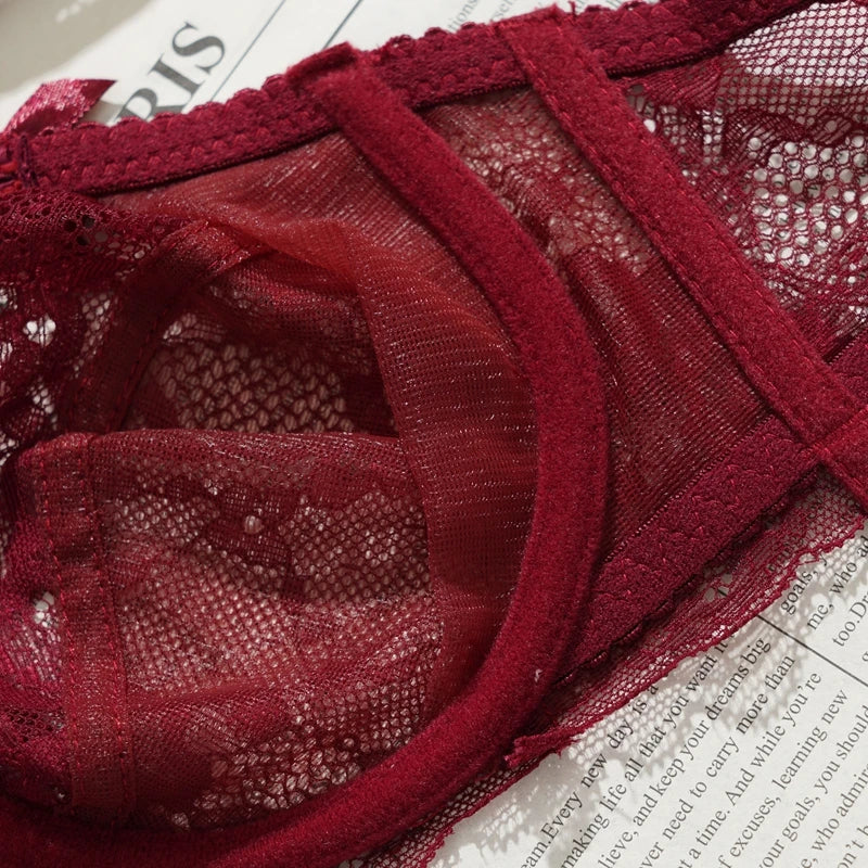Sexy Ultra-thin Lace Bras Women's Push Up Summer Breathable Bra Hollow Out Gathered Underwear French Elegant Bow Underwire