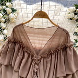 SINGREINY Chic Ruffles Splice Chiffon Blouse V Neck Flared Sleeve Loose Tops 2025 Fashion Solid Fairycore Vacation Women Shirt