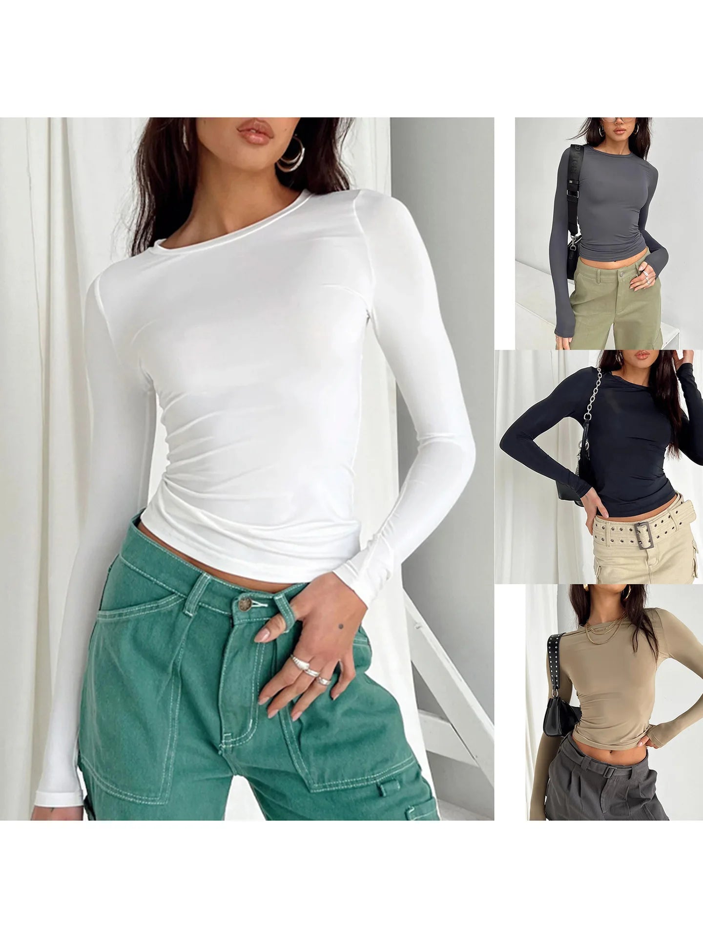 Y2k Long Sleeve T Shirt Women Spring Autumn Crop Top Casual Slim Fit Pullovers Solid O Neck T-shirts Streetwear Female Basic Tee