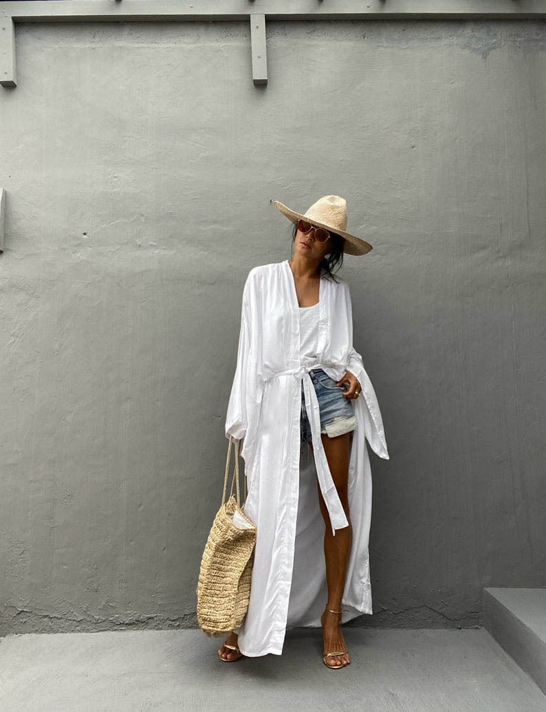 Solid Beach Cover Up Women Self Belted Wrap Kimono Dress Swimsuit 2025 New Robe Summer Beachwear Factory Supply