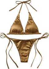 Halter Brazilian Metallic Satin Bikini Women Swimwear Female Swimsuit Two-pieces Bikini Set High Cut Bathing Suit Swim Beachwear