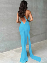 Hugcitar One Shoulder Backless Adjustable Scarf Loop Ruched Sexy Maxi Dress Women Elegant Y2K Streetwear Festival Outfit