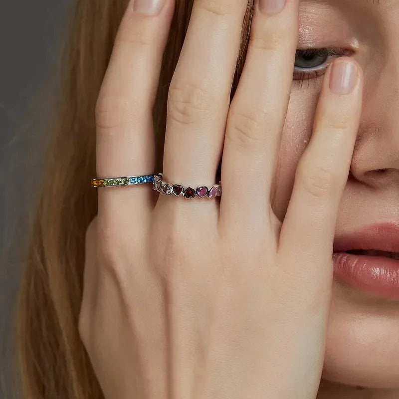 ALLNOEL Rainbow Band Ring for Woman Pure 925 Sterling Sliver 5A Zircon Eternity Fine Jewelry Colorful Engagement Birthday Gifts