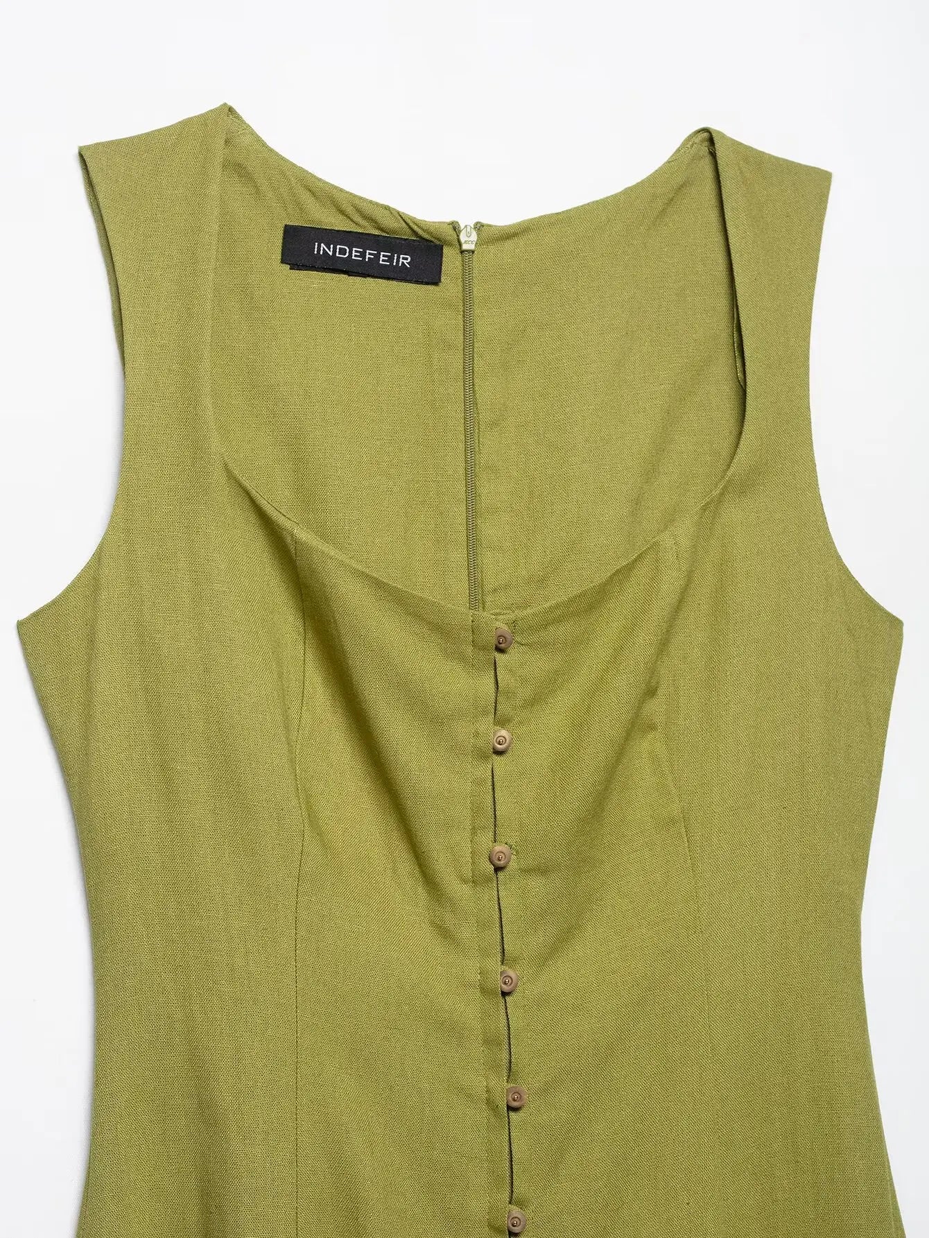2025 Summer Elegant Dress Women Fashion Solid Square Collar Sleeveless Single Breasted Dress Ladies Vacation Green Spilt Dresses