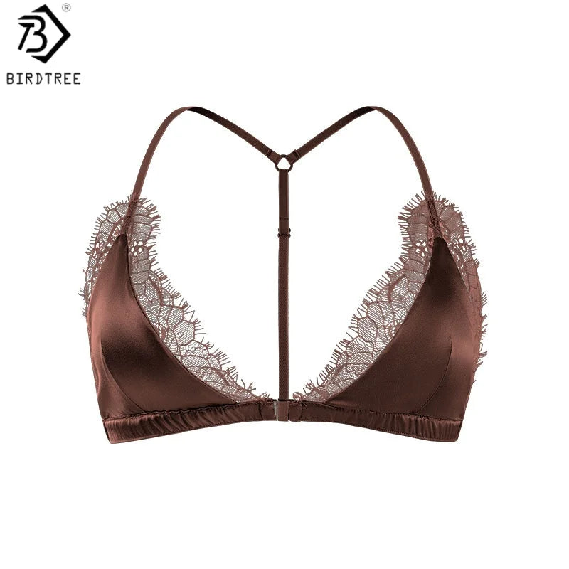Birdtree 93% Silk 7% Spandex Women Lace Bra,Wireless Pitted Triangle Cup Front Closure Bralette,2026 New Underwear A61403JF