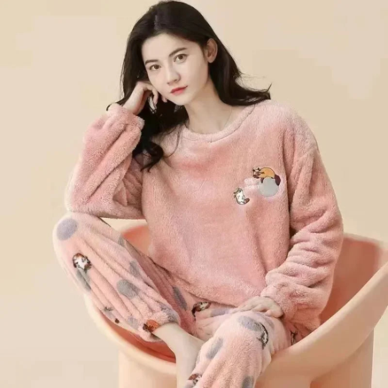 Thickened Warm Flannel Women‘s Sleepwear Coral Velvet Pajamas Winter Cute Cartoon Bear Padded Two Sets Girl Nightwear Loungewear