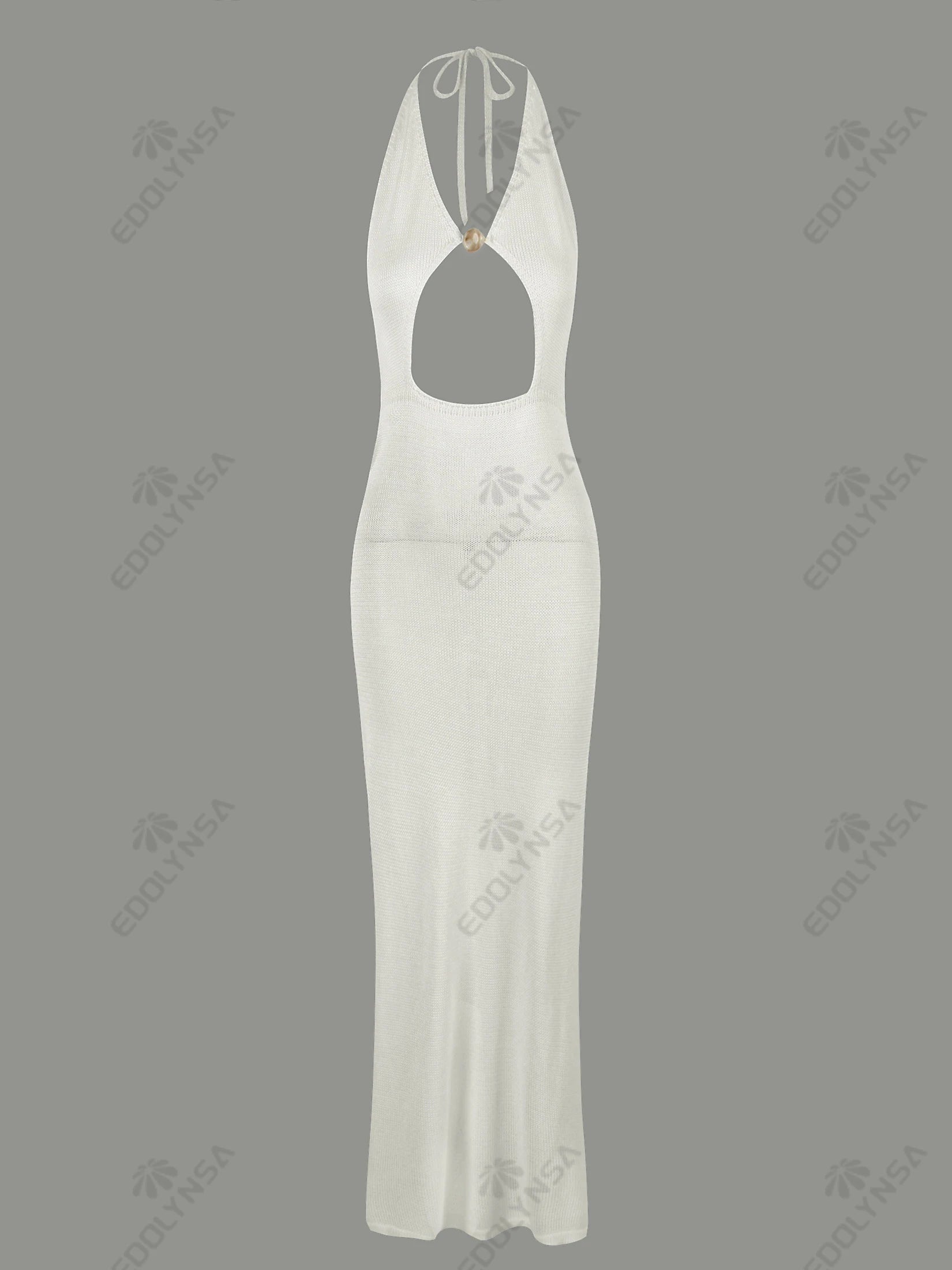 Sexy Knit Halter V Neck Slit Beach Maxi Dress For Women 2026 Chic Button Cut Out Backless Party Dresses Swimwear Cover Up A3151