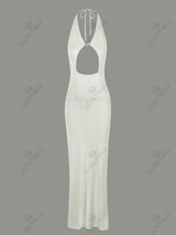 Sexy Knit Halter V Neck Slit Beach Maxi Dress For Women 2026 Chic Button Cut Out Backless Party Dresses Swimwear Cover Up A3151