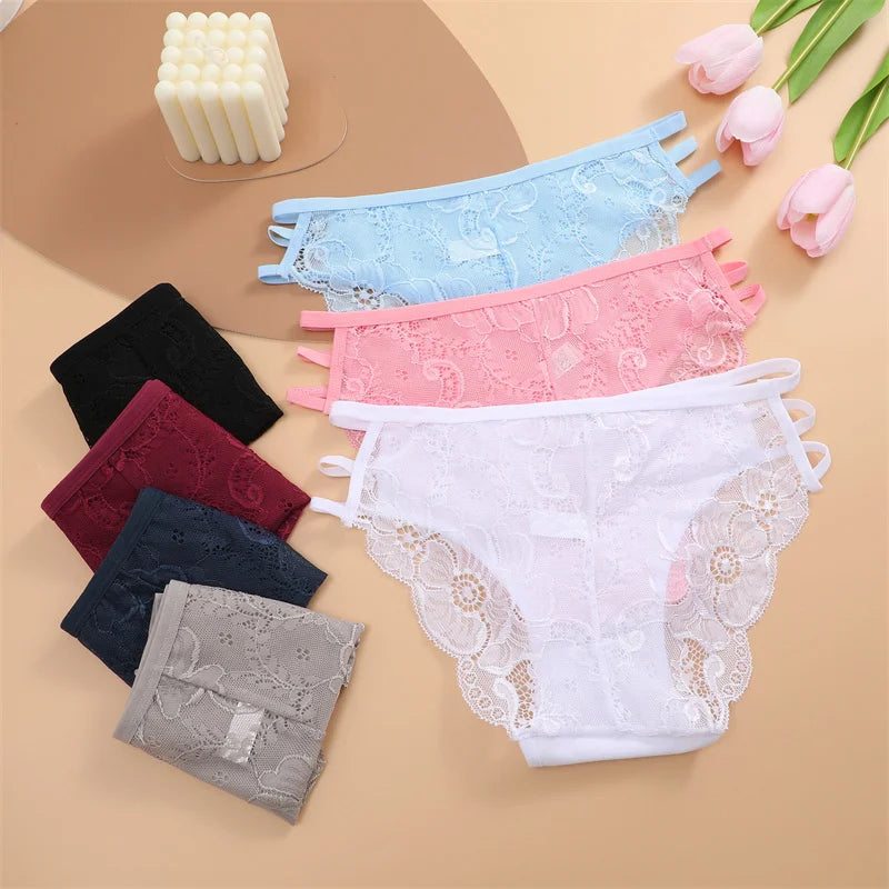 3PC/Set Women's Sexy Floral Lace Panties Low Rise Hollow Out Briefs Transparent Underwear Female Elastic Straps Soft Lingerie