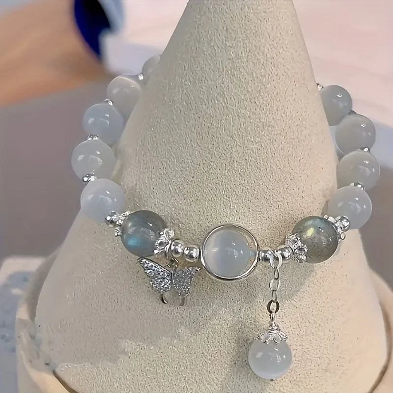 Dainty Blue Cats Eye Beaded Bracelet, Cute Butterfly Charm Elastic Hand Chain, Moonlight Opalite Stone Jewelry, Graduation Birthday Gift for Best Friend Teen