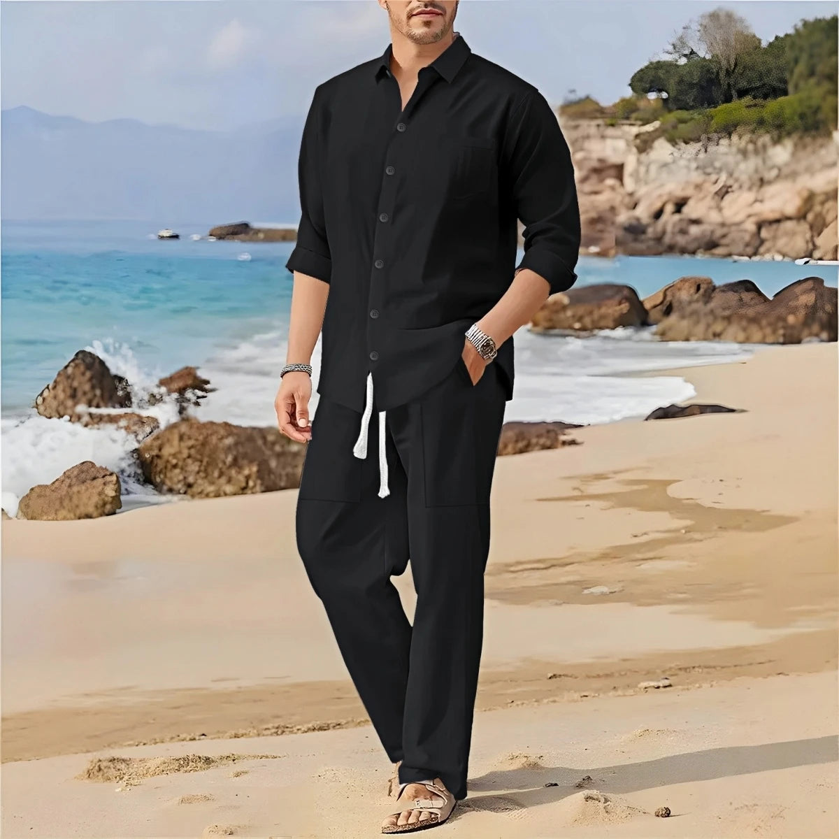 Spring, Summer Autumn New Men's Casual Long-Sleeved Set, Solid Shirt and Pants - Comfortable and Fashionable Two-Piece Set