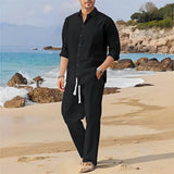 Spring, Summer Autumn New Men's Casual Long-Sleeved Set, Solid Shirt and Pants - Comfortable and Fashionable Two-Piece Set