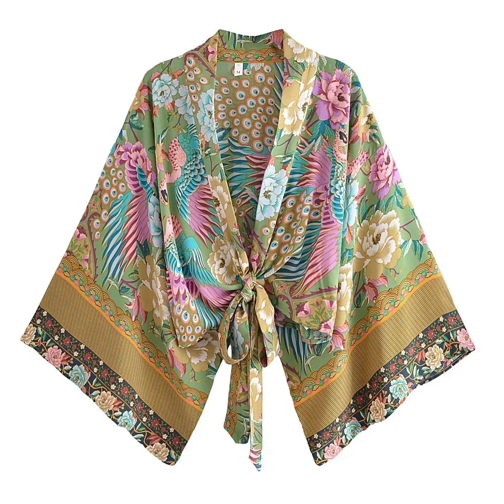 Boho Queens Peacock Short Robe Kimono Swimsuits Women Fashion Floral Batwing Sleeves Rayon Bohemian Bikini Cover Ups Beachwear