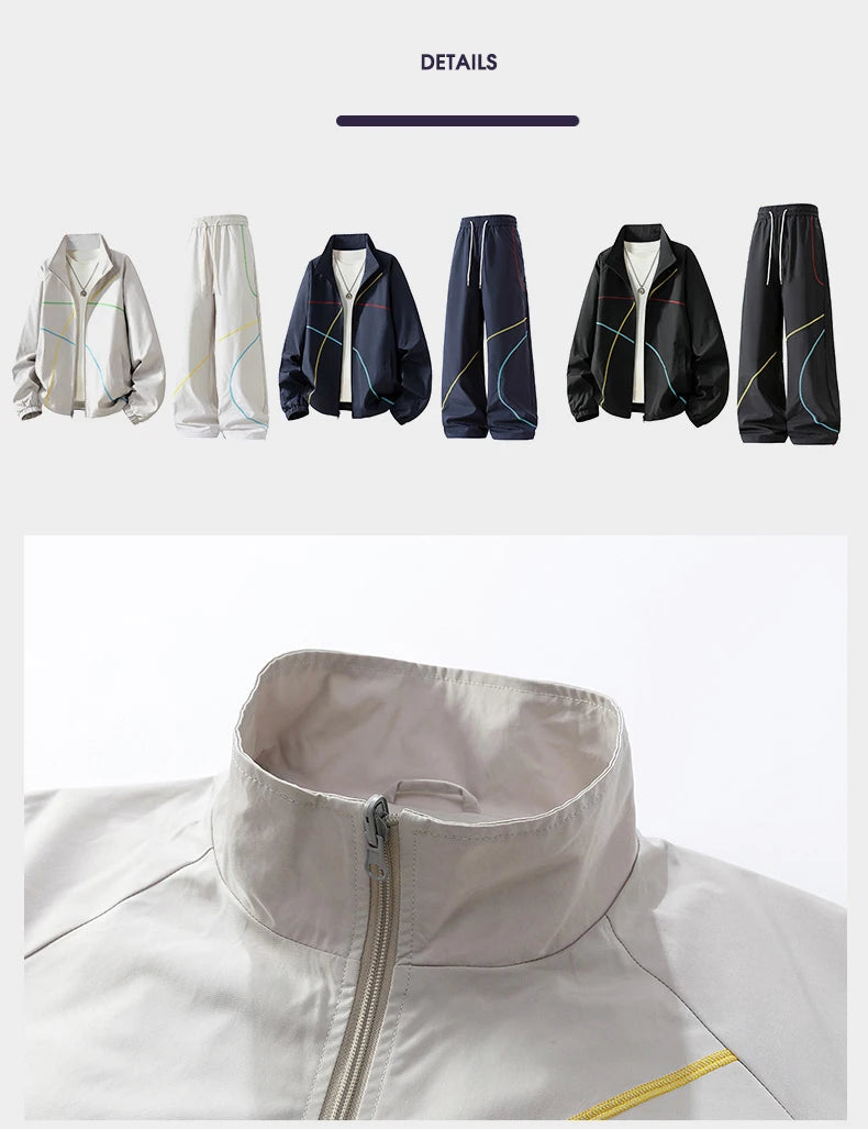 Unisex 2‑Pieces Tracksuit Set Color Contrast Stitching Stand Collar Zip‑Up Jacket Wide Leg Pants Windproof Outdoor Hiking Set