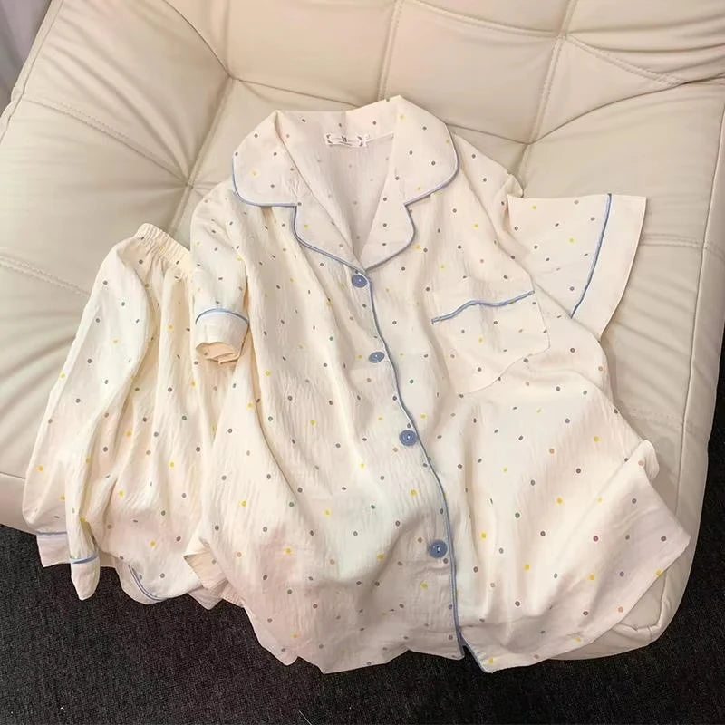 Women's printed polka dot cotton pajamas set, short sleeved top and shorts 2-piece set, casual and comfortable home set, sweet