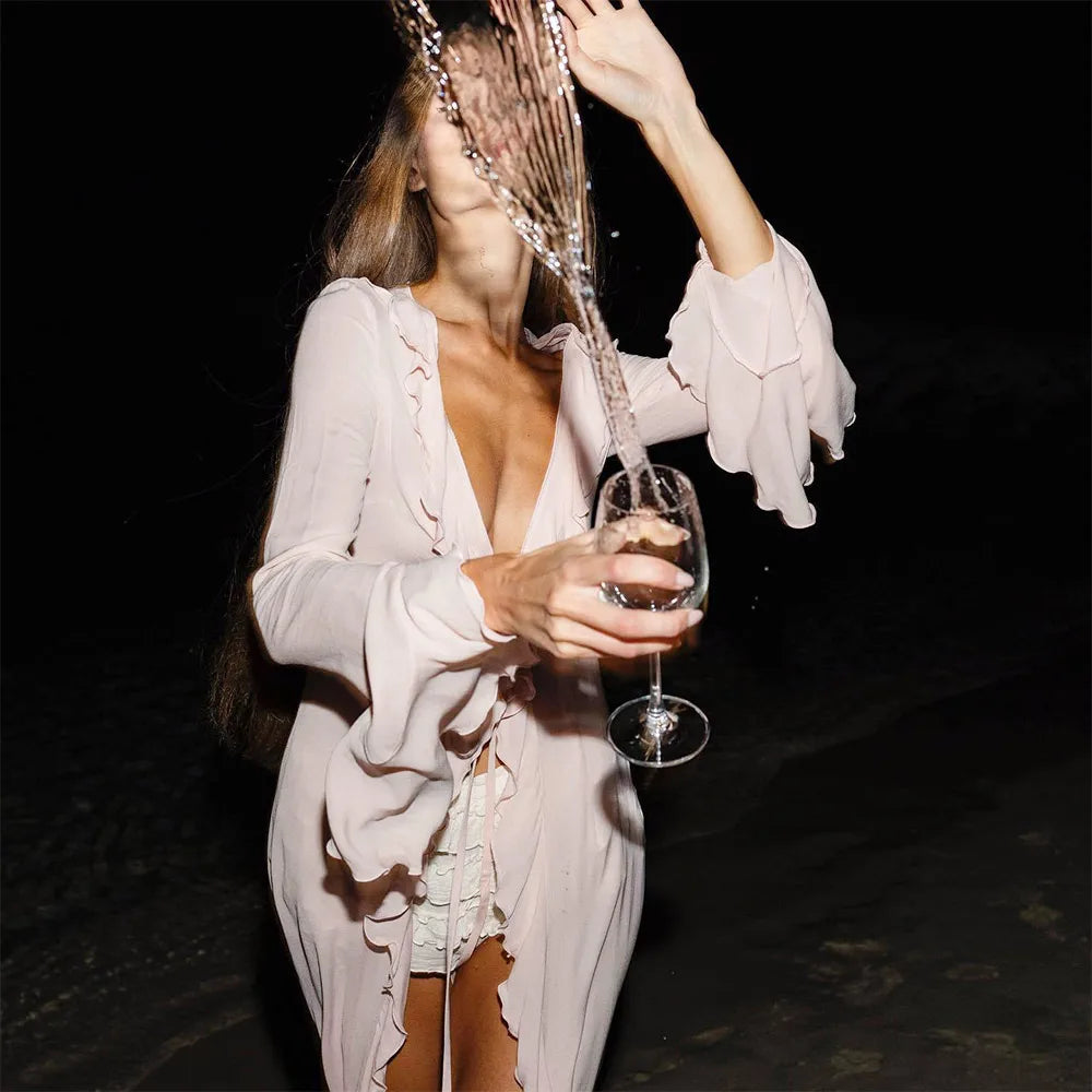 V Neck Summer Beach Cover Up Long Sleeve Ruffled Bikini Sunscreen Smock Vacation Casual Swimsuit Cover Up Dress for Women