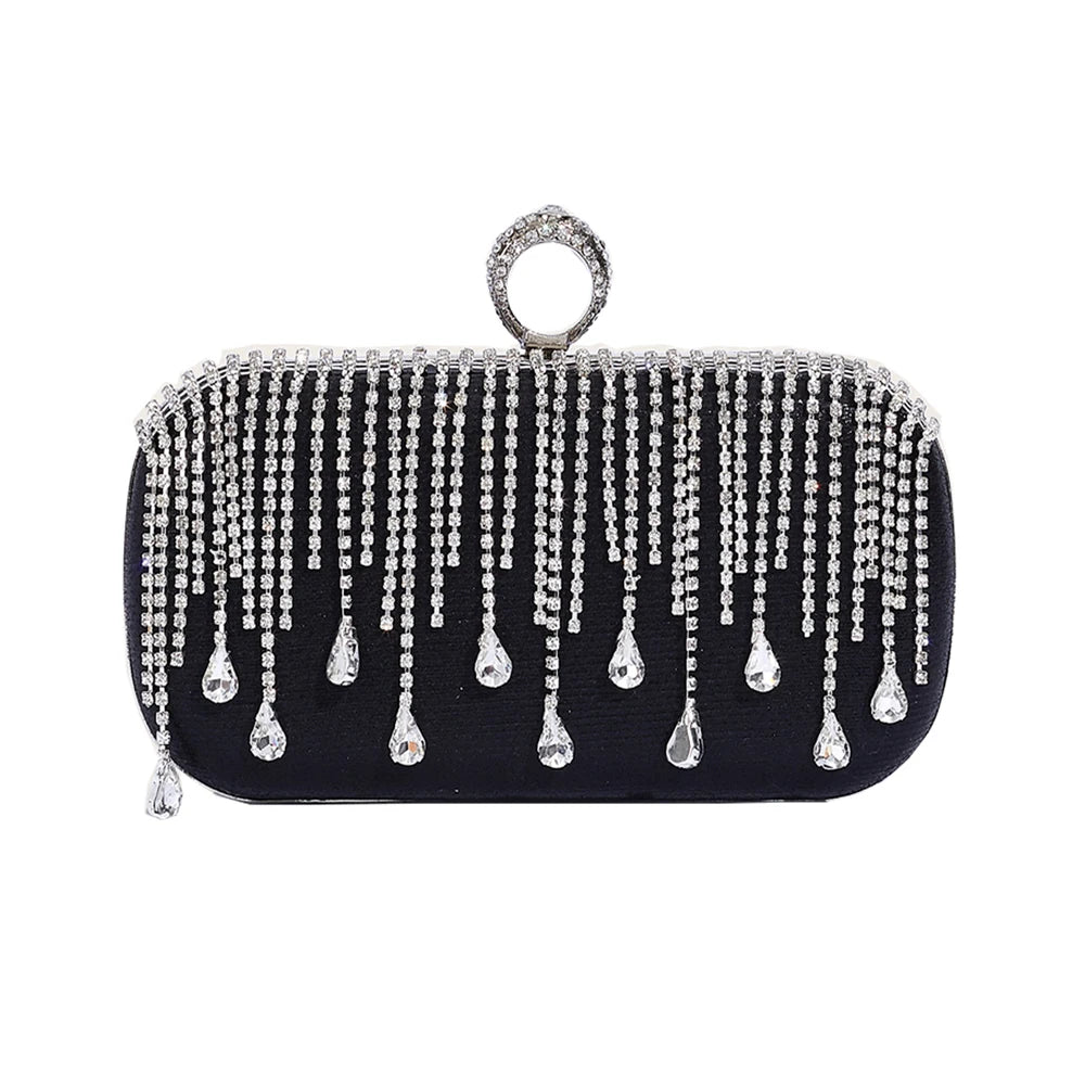 @Luxury Evening Clutch Bag Wedding Rhinestone Tassel Handbag Silver Purse Party Shoulder Bag for Women Fashion Black Bag