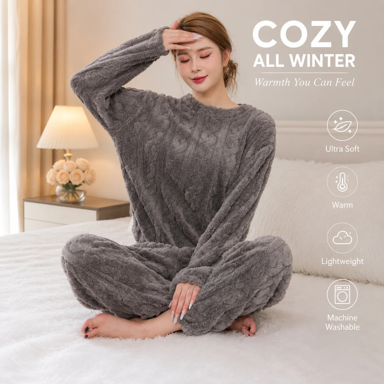 Women's Thickened Warm Sleepwear coral velvet homewear Fluffy O-neck leisure pajamas Striped Large Size Adapted Winter Sleepwear