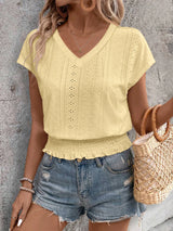 2025 Spring Summer New Fashion Blouses Solid V-Neck Jacquard Hollow-Out Smocking Short-Sleeve Shirts Fashion Casual Women's Tops
