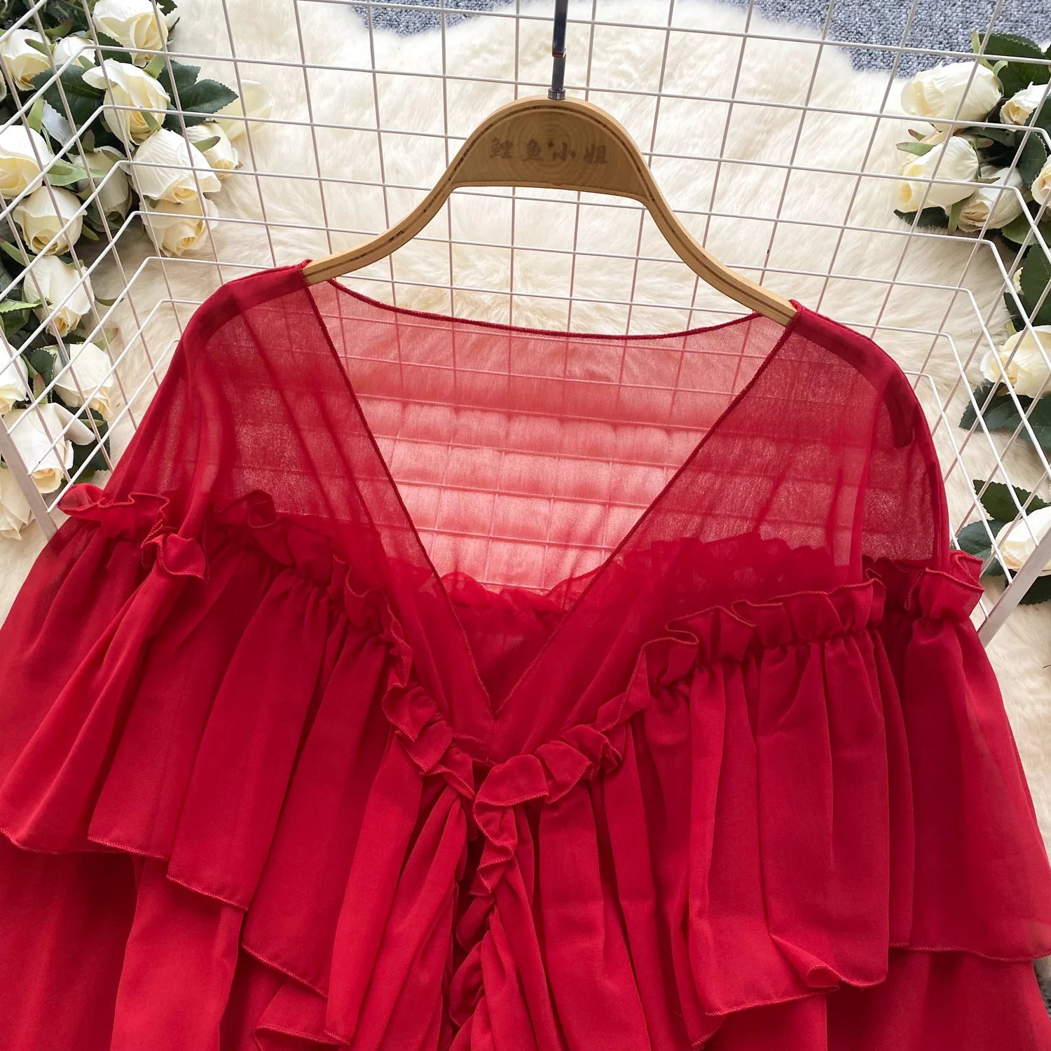 SINGREINY Chic Ruffles Splice Chiffon Blouse V Neck Flared Sleeve Loose Tops 2025 Fashion Solid Fairycore Vacation Women Shirt