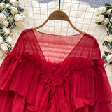 SINGREINY Chic Ruffles Splice Chiffon Blouse V Neck Flared Sleeve Loose Tops 2025 Fashion Solid Fairycore Vacation Women Shirt