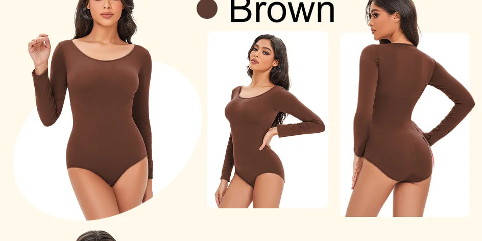 POKARLA Spandex Elastic Body Suit Shapewear Women Body Shaper Tummy Control Long Sleeve Open Crotch Round Neck Seamless Shapers