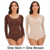 POKARLA Spandex Elastic Body Suit Shapewear Women Body Shaper Tummy Control Long Sleeve Open Crotch Round Neck Seamless Shapers