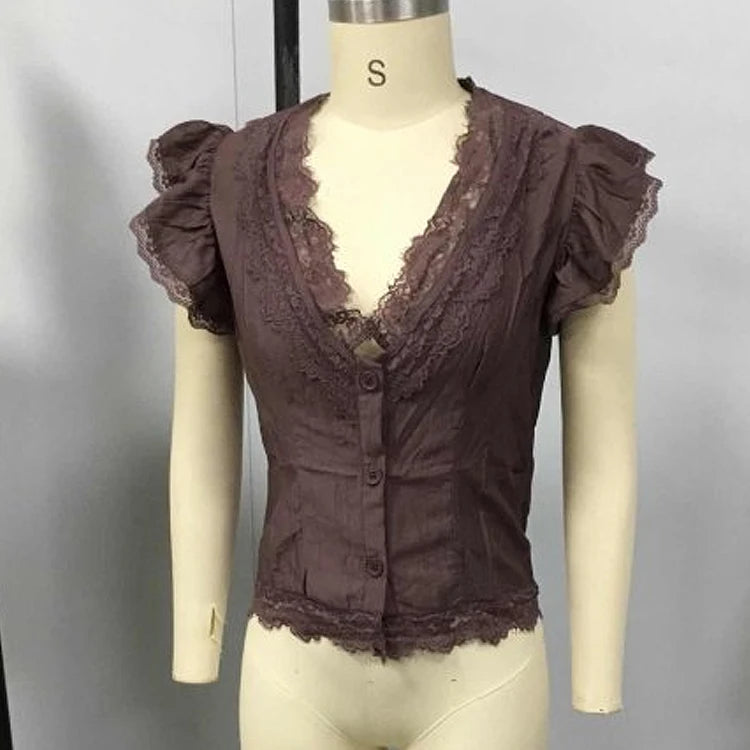 Women Boho Deep V Lace Trim Flutter Sleeve Chiffon Blouse, Sheer Tie Waist Vintage Cropped Vacation Top