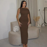 Hugcitar Fashion Solid O Neck Sleeveless Patchwork Sexy Bodycon Maxi Prom Dress Summer Women Clothes Party Festival Club Y2K