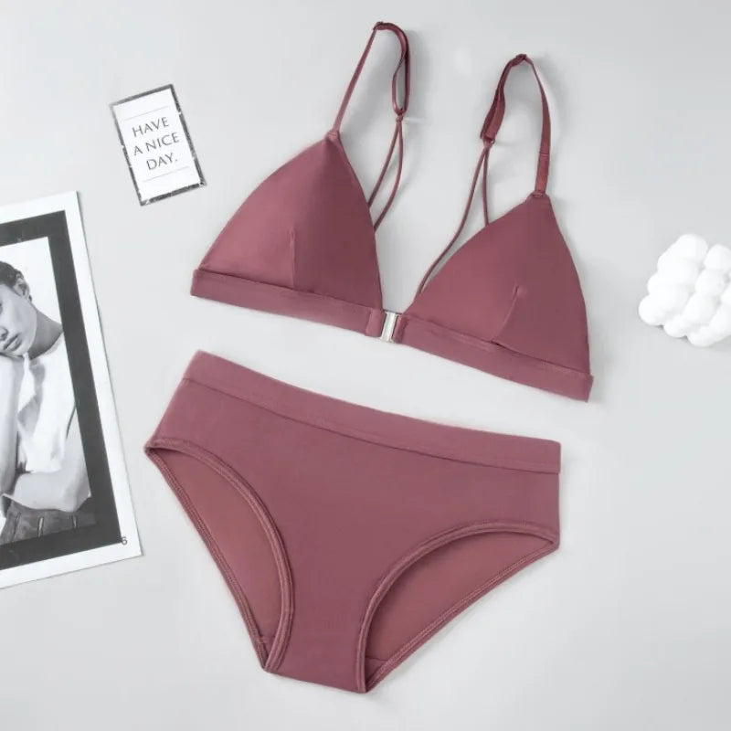 Women Front Closure Bra Set Silky Sexy Lingerie Low Waist Panties Female Push Up Bra Wireless Brassiere Seamless Underwear