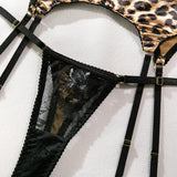 Krasapt Sexy Leopard Printing Lace Patchwork Women Lingerie 3Pcs Sets Romantic Mesh Perspective Intimates Underwear Erotic Set