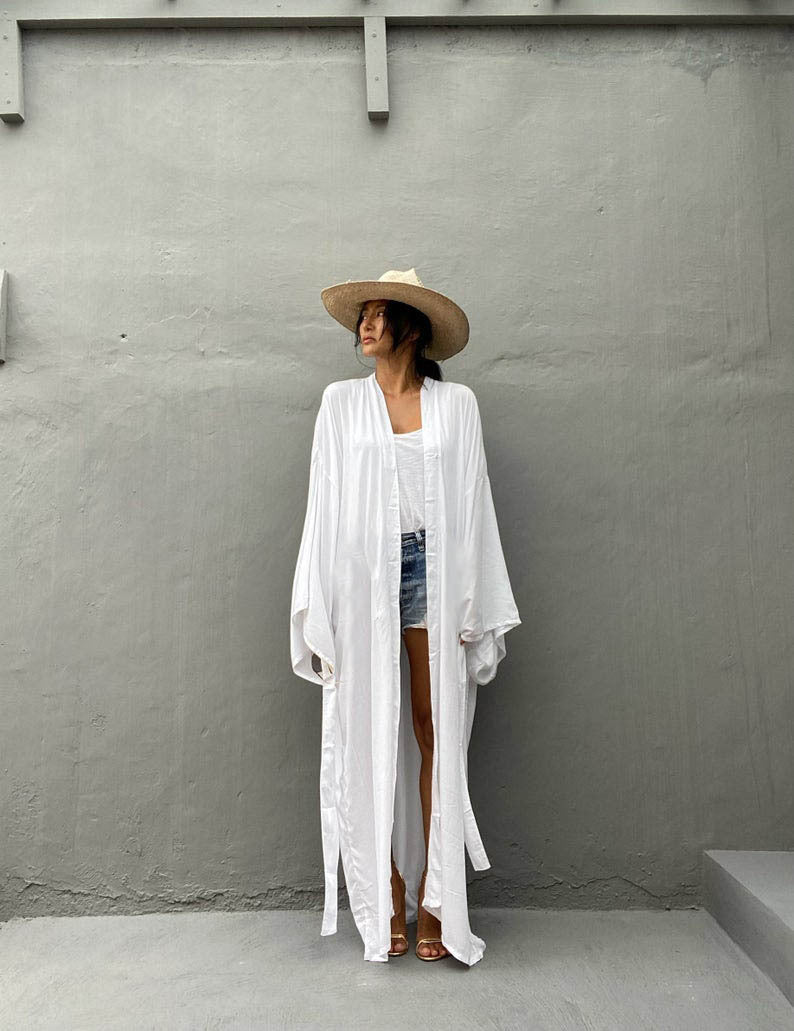 Solid Beach Cover Up Women Self Belted Wrap Kimono Dress Swimsuit 2025 New Robe Summer Beachwear Factory Supply