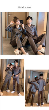 Solid Color Sleepwear Silk Satin Pajamas Couple Set Long Button-Down Pyjamas Suit Pijama Women Men Loungewear Plus Size Pj Set