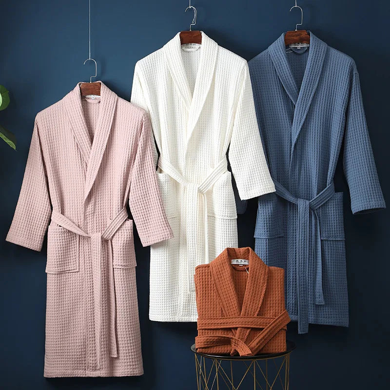 Cotton Terry Robe for Spring and Summer Thin Morning Robe Long Sleeve Waffle Bathrobe Hotel Beauty Bath Towel for Couples