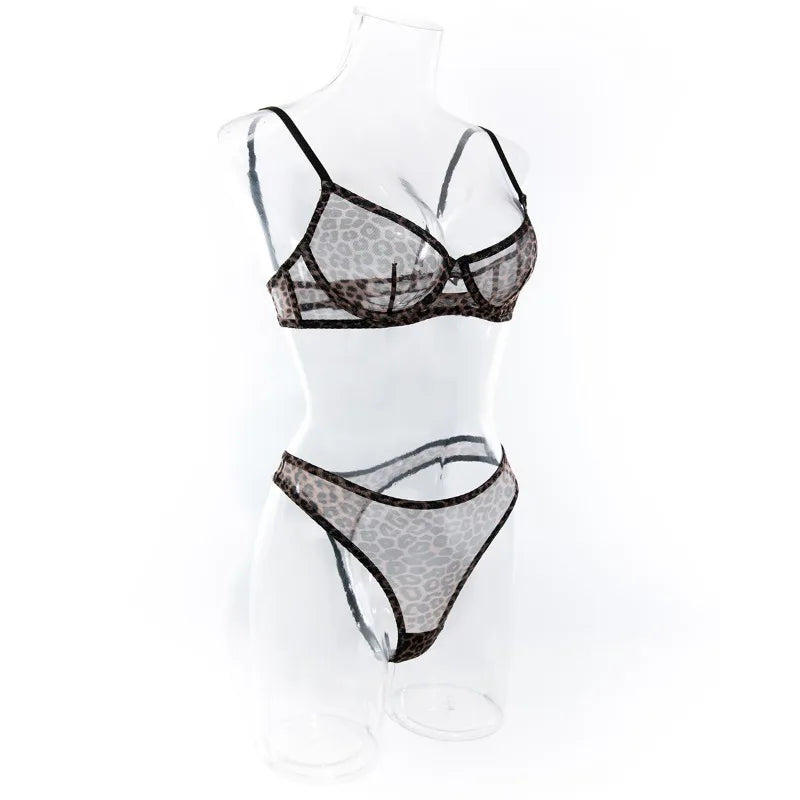 Toucheart 2-Piece Sexy Leopard Print Lingerie Set Bra Women Hollow Sexy Lingerie Thin Mesh Patchwork Print See-Through Sexy Set