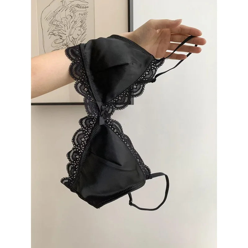 Korean Style Triangle Cup Bow Lace Bra for Women Small Chest Satin Underwear Sweet Breathable Comfortable Soft Bra