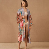 Beach Kimono for Women Peocock Printed Swimsuit Cover Up Self Belted Wrap Dresses Seaside Bathing Suits Beachwear