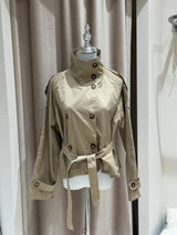 Belted Waist Cropped Trench Jackets Women Double Breasted Stand Collar Coats 2025 Autumn Chic Casual Vintage Jacket Women Cloth