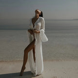 Beach Cover Up Cover-ups Dress Chiffon Long Sleeve Sunscreen Beachwear Womens Clothing Sexy V Neck Ruffled Black White New Tunic