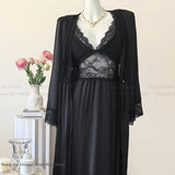 New Female Long Robe Nightgown Set Sexy Lace Trim Sleepwear Suspender Nightdress Spring Summer Casual Satin Home Dress Bathrobe