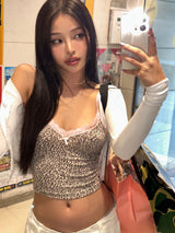 Hugcitar Leopard Print Slips Bows Patchwork Lace Sexy Slim Crop Camis Top Summer Fashion Women Y2K Outfits Festival Party