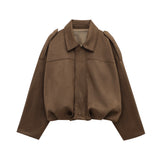 HH Women Brown Green Suede Jacket Loose Casual Bomber Coat Lapel Zipper Long Sleeve Jackets Vintage Lady Motorcycle Outwears