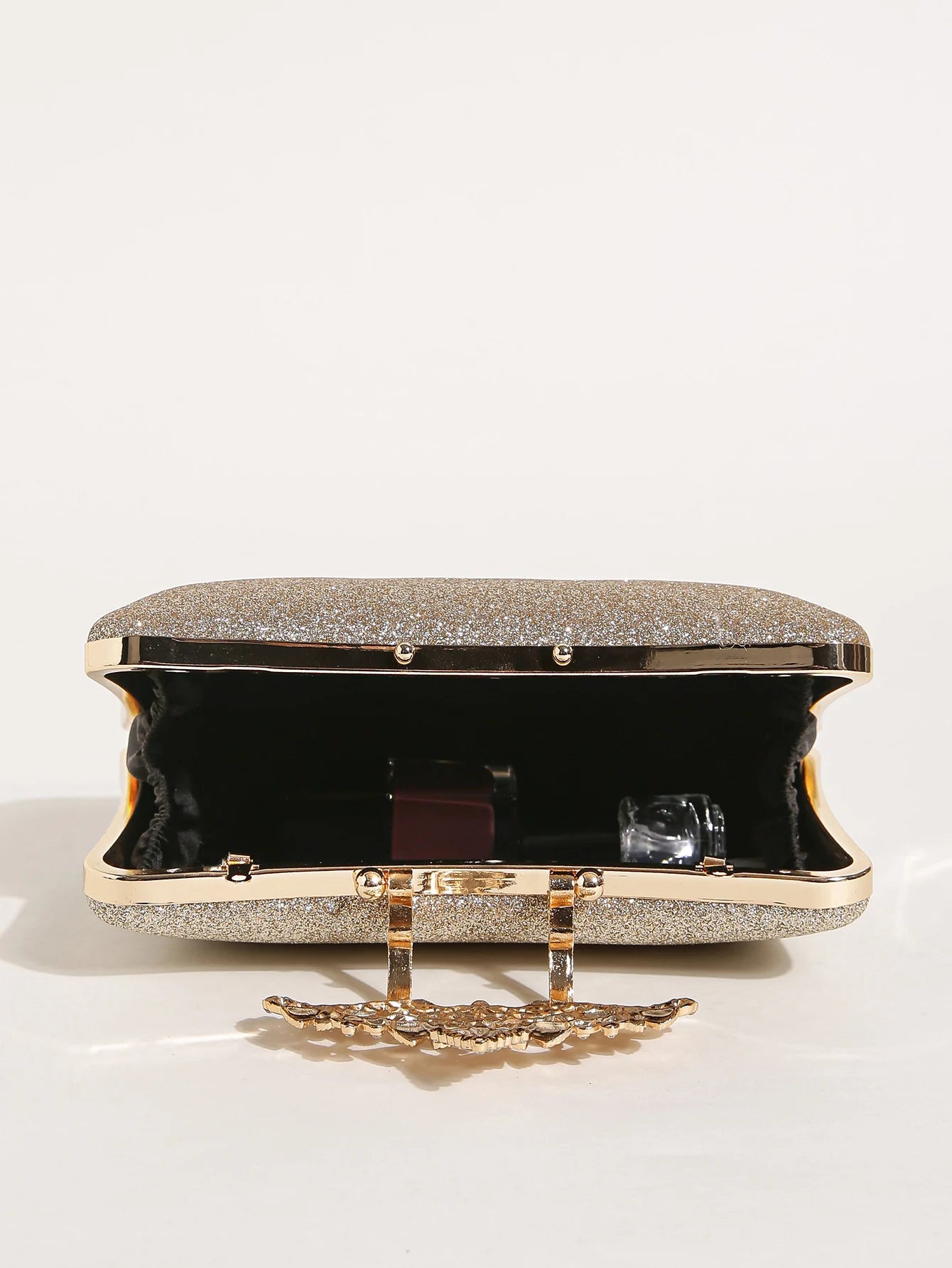 1PC Gold Glitter Clutch Box with Rhinestone Decor Cut-out Flower Flap Lock Closure Elegant Textured Frame Purse for Dinner