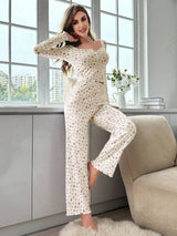 Sleepwear Women Floral Print Lettuce Trim Top with Long Pant Lovely Loungewear Full Sleeve Nightwear Spring Autumn Pajamas Set